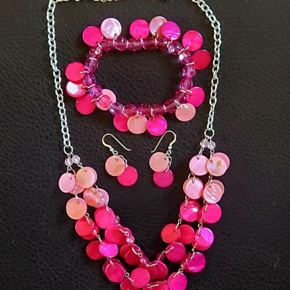 Mother of Pearl Abalone Shell Dark and Light Pink Necklace Bracelet Earrings Set - Picture 1 of 9